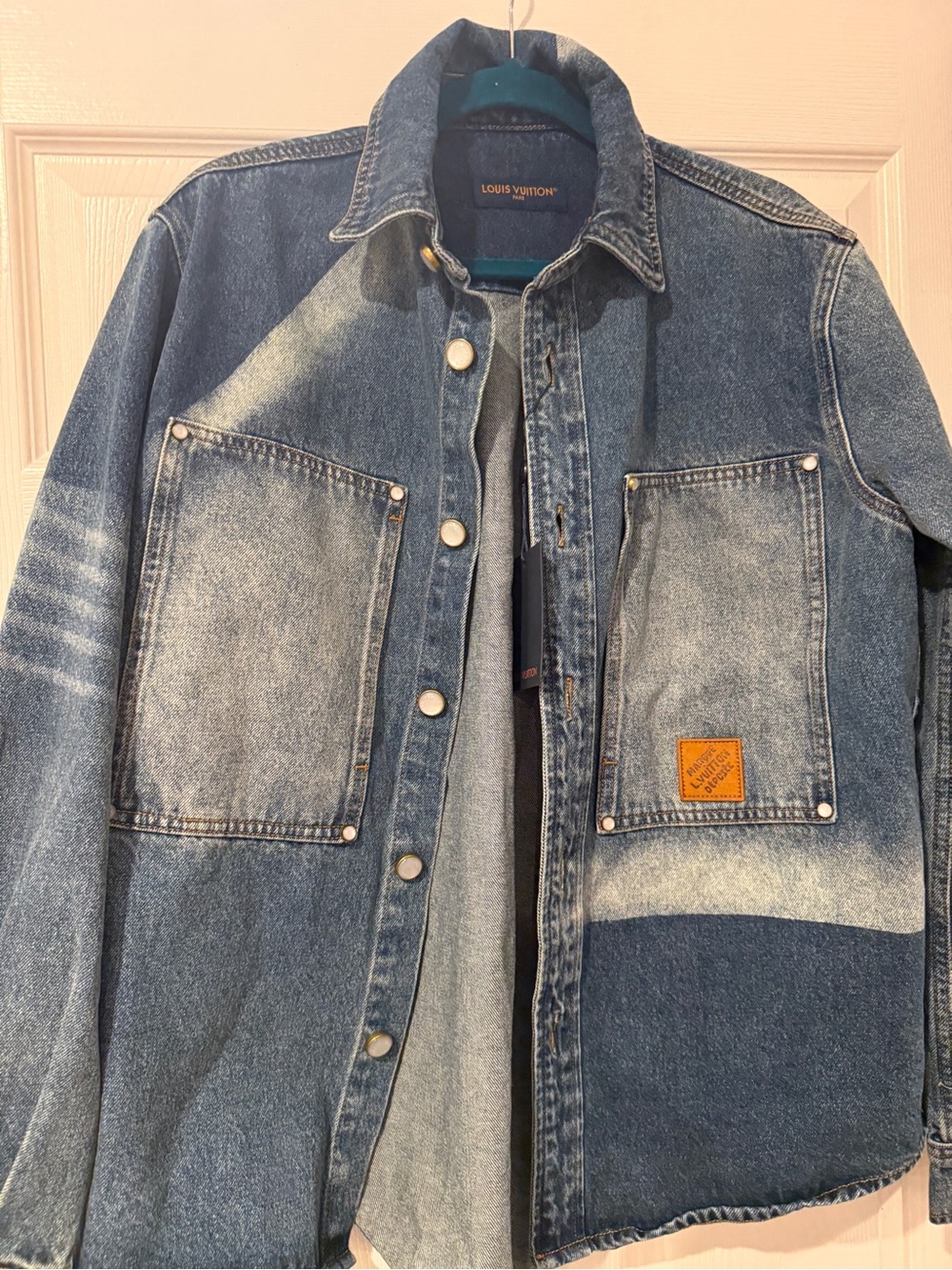 Louis Vuitton Denim Jacket with Tan Leather Logo Patch